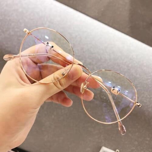 Panda anti-blue glasses, Metal frame, Round female style, Flat light can be equipped