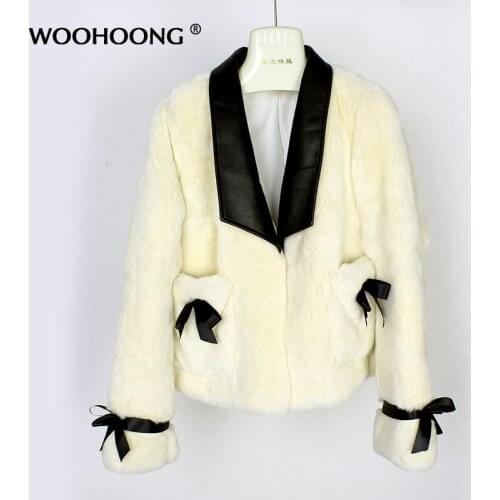 Autumn And Winter New Rex Rabbit Fur Jacket Womens Short Leather Grass Coat V-neck Real Sheepskin Collar Bow Decoration