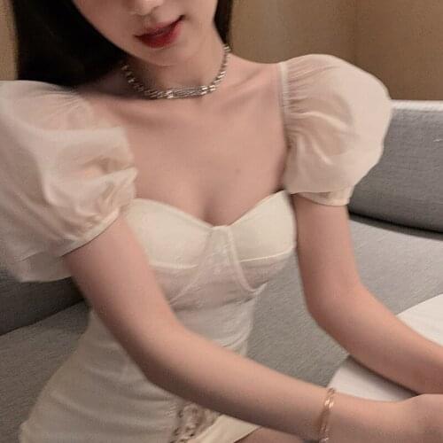 Elegant Dresses For Women Square Collar Short Puff Sleeve Slim Party Dresses Drawstring Sexy Simplicity Vestidos Summer Dress