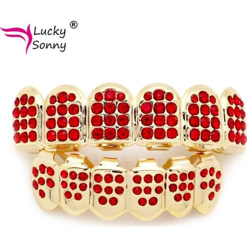 Lucky Sonny Teeth Caps Dental Grills Crystal Inlay Top&Bottom Mouth Grills Gold Hip Hop Tooth Grillz Men Body Jewelry for Women