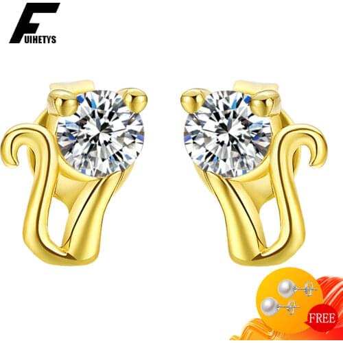 Fashion Earrings 925 Silver Jewelry Cute Cat Shape Zircon Gemstone Stud Earring for Women Wedding Engagement Accessory Wholesale