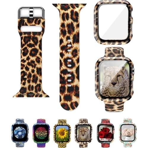 Leopard Case+Bands for Apple Watch Band 44mm 40mm 42mm 38mm Silicone Bracelet Correa for Iwatch 6 5 4 3 Screen Protector Cover