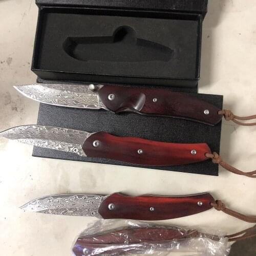 Handmade Folding Pocket Knife Damascus Red Wood Handle Tactical Survival EDC Knives Utility Outdoor Hunting Camping Multi Tools