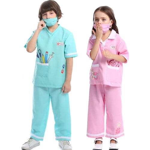 Children Unisex Doctor Nurse Veterinary Costume Surgical Dr Uniform Cosplay Halloween Purim Kids Stage Performance Fancy Dress