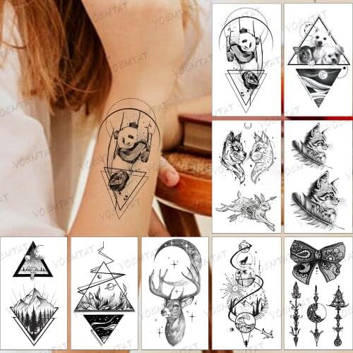 Waterproof Temporary Tattoo Sticker Panda Geometric Linear Dot Circle Stereo Black Tatoo Arm Leg Fake Tatto Woman Man Child