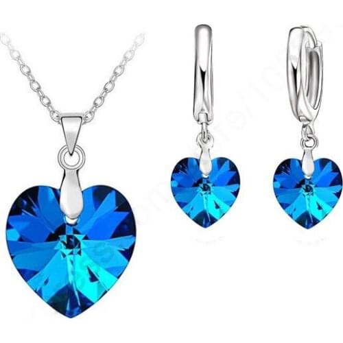 Fast Ship SW Crystal Ocean Heart 925 Pure Sterling Silver With Lever Back Earring Pendant Necklace Woman Jewelry Gift Set