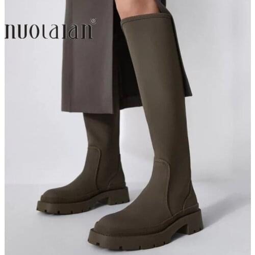 New Women Long Boots Autumn Winter Knee-High Boots PU Leather Chunky Heels Platform Fashion Ladies Shoes Female Slip On Footwear