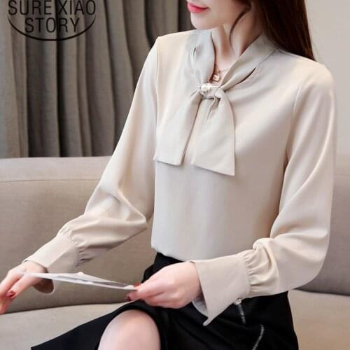 Womens Tops And Blouses Blusas Mujer De Moda 2021 Long Sleeve Shirts Chiffon Blouse Beading Solid Bow Shirts Plus Size 2032 50