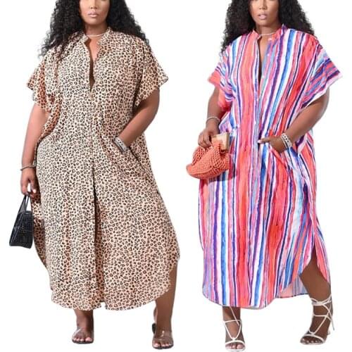 Plus Size Dress Summer Beach Cover Up Blouse Button Leisure Vacation Coat Robe Women Stripes Leopard Print Short Sleeve Dress