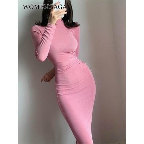 WOMENGAGA Winter Base French Turtleneck High Fold Waist Pleated Thin Temperament Solid Color Long Sleeve Dress Long Dresses XE89