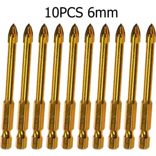 5/10pcs 6mm Hex Shank Golden Cross Bits Titanium Coated Ceramic Tile Marble Glass Drill Bits Spear Head For Metalworking