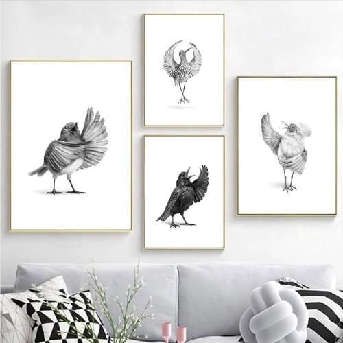 Abstract Bird Sing Wall Art Posters And Prints Black White Canvas Painting Nordic Wall Pictures For Living Room Home Decoration