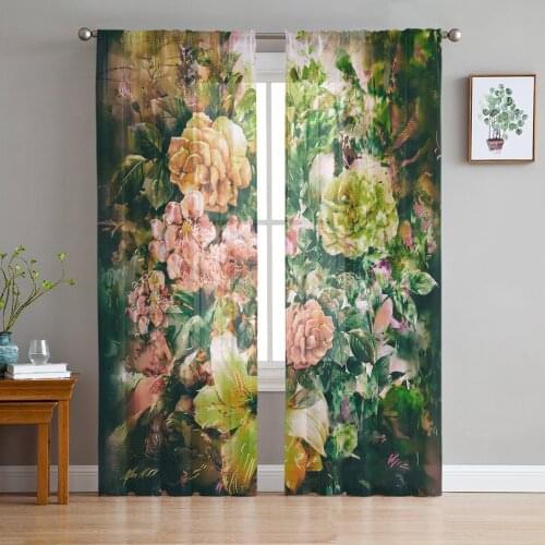 Oil Painting Style Flower Rose Abstract Sheer Curtains for Living Room Modern Voile Curtain Bedroom Tulle Curtains Window Drapes