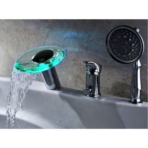Free ship modern LED 3 Holes Roman Tub Filler Waterfall Tub Faucet with Hand Shower