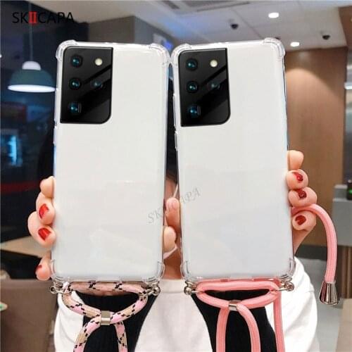 Clear Shockproof Case For Samsung S21 Ultra S20 Plus Note 20 Ultra S21 FE A02S M62 F62 A32 A52 Crossbody Necklace Lanyard Case