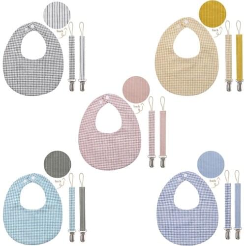 Baby Linen Cotton Bib Pacifier Chain Clips Set Double Sided Lattice Printing Feeding Apron Saliva Towel Nipple Holder