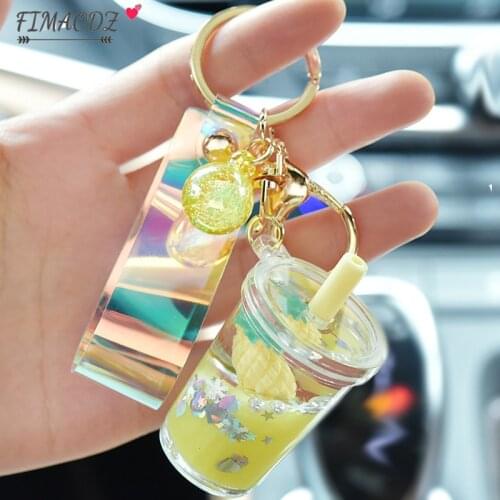 FIMAODZ Fruit Quicksand Sequin Milk Tea Cup Keychain Fashion Creative Strawberry Pineapple Cat Cow Key Ring for Women Bag Charms