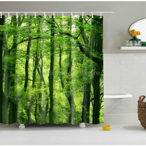 Natural Scenery Green Forest Design Custom Shower Curtain Bathroom Waterproof Mildewproof Polyester Fabric With 12 Hooks