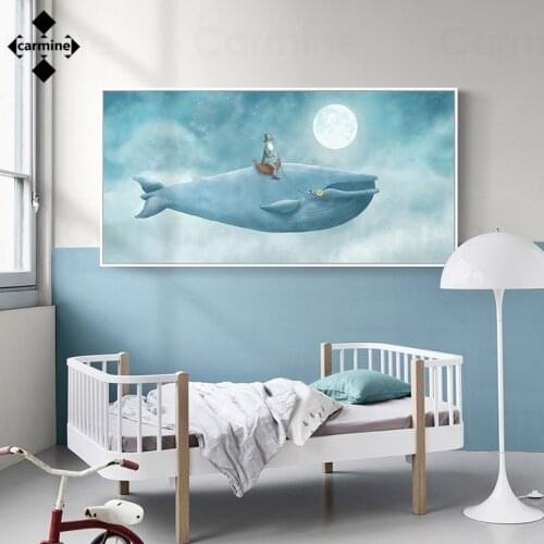 Blue Wall Art Picture Ocean Whale Poster and Print Cute Cartoon Canvas Painting for Home Interior Decor One Piece No Frame Print