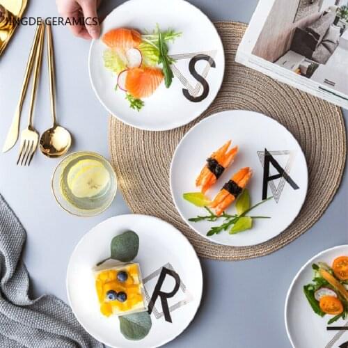 8 Inches Nordic Letter Printing Ceramic Round Plate Dinner Plates Dinnerware Western Food Steak Plates Kitchen Salad Dishes