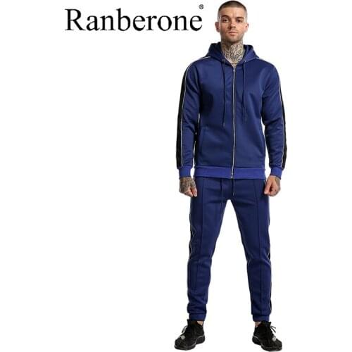 Ranberone 2 Piece Set Mens Sports Suits Zipper Hoodie Men Clothing Splicing Stripe Tracksuit Fitness Gym Clothing Sportswear