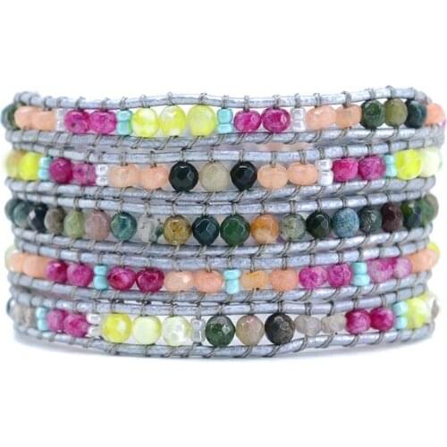 BOHO Colorful Vintage Leather Bracelet Natural Stone 5 Strands Wrap Bracelet For Womens Gifts