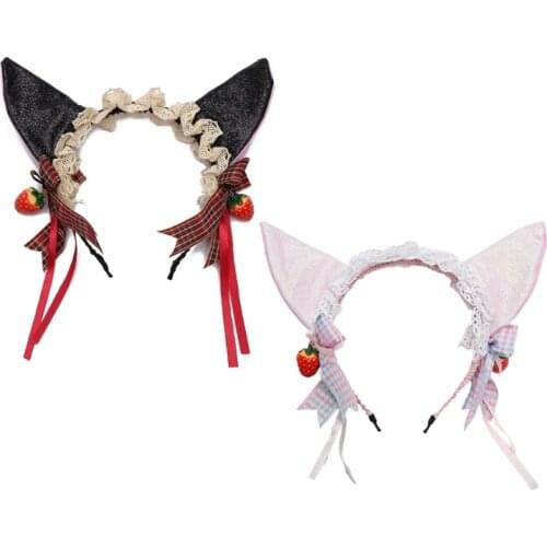 Lolita Lace Headbands Shiny Cat Ears Headwear Bows Adorn with Strawberry Pendant Kawaii Cosplay Headpiece Party Supplies