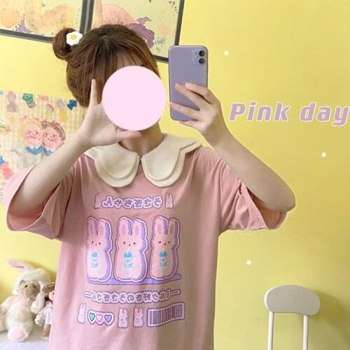 Kawaii Short-Sleeve Womens T-Shirt Harajuku Soft Girl O-Neck Cute Top Female Summer Sweet Milk Rabbit Print Student Streetwear