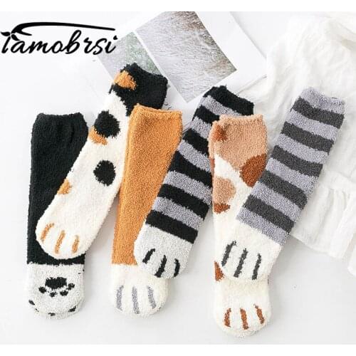 Animal Claws Coral Velvet Socks Winter Kawaii Thick Striped Cartoon Women Socks Fuzzy Fluffy Terry Warm Socks Short Cute Socks