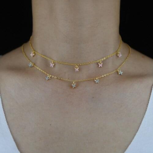 2021 New Arrived Pink Green Cubic Zirconia CZ Tiny Cute Lovely Butterfly Charm Choker Necklace Gold COLOR
