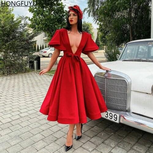 HONGFUYU Red Tea-Length Prom Dresses Short Puffy Sleeves Evening Gowns Sexy Deep V-Neck A Line Formal Party Dress with Sashes