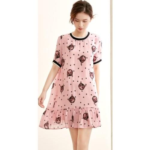 Pink Print Cat Floral Silk Dresses Women Fashion 2021 Summer Long Casual Sexy Office Work Daily Dress Plus Size Slim Fit A Line