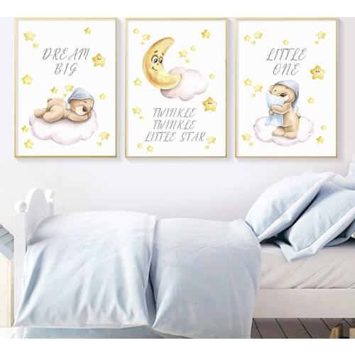 Little Bear Sleep in Clouds Dream Big Moon and Stars Canvas Painting Kids Bedroom Decoration Picture Wall Art Prints Poster