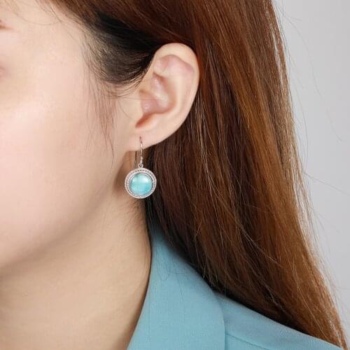 Natural Precious Larimar Earrings for Women Fashion Geometric Round Charm 925 Sterling Silver Jewelry Long Eardrop Gift Classic
