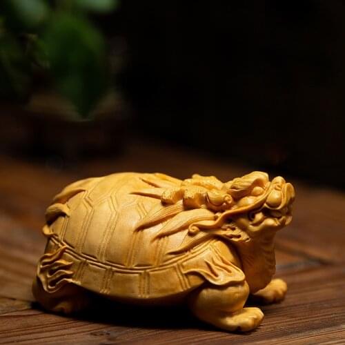 Boxwood 8CM Dragon Turtle Sculpture Wood Chinese God Beast Statue Lucky Home Decor
