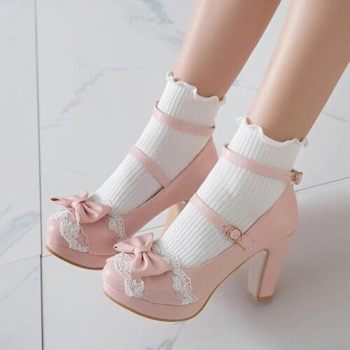 YQBTDL Summer 2020 Ladies Heels Platform Cute Bow Lace Princess Mary Jane Lolita Shoes Party High Heel Buckle Women Pumps Pink