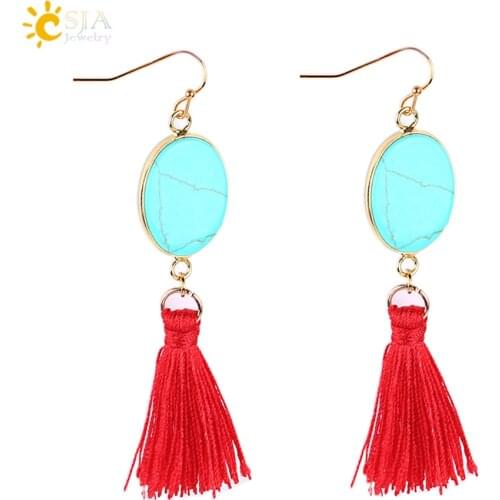 CSJA Vintage Women Drop Earrings Statement Jewelry Earrings Red Silk Thread Fringe Tassel Oval Green Howlite Stone Bohemian E759