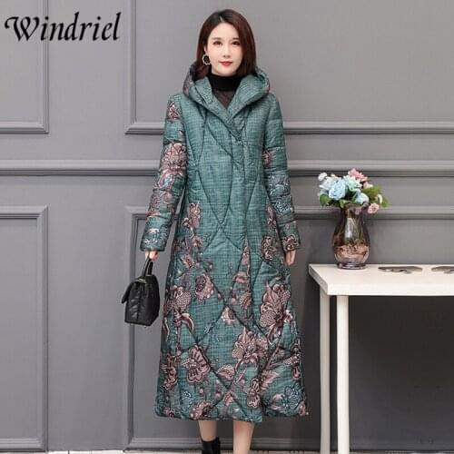 Windriel Oversized Loose Parkas Lady Print High Street Long Coats Women Cotton Padded Clothing Outerwear Hooded Jackets
