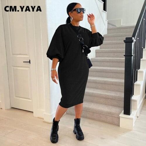 CM.YAYA Women Midi Dress Solid Loose Straight Dresses Comfortable Casual Vestidos Fashion Streetwear Autumn Warm Outfits 2021