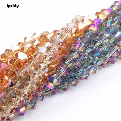 4mm Corn New Cut Glass Loose Faceted Bicone Beads for DIY Bracelet Necklace Jewelry Making Rainbow color Plated 100pcs/lot