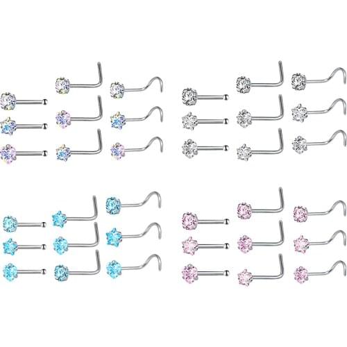 9 Pieces Stainless Steel Zirconium Crystal Screw Curved Nose