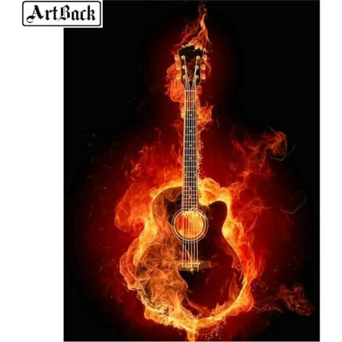 Diamond painting fire guitar full square landscape sticker diy 5d diamond mosaic music picture handmade crafts gift