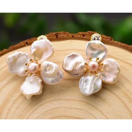 White Natural Baroque Pearl Flower freshwater pearl Earrings Jewellery s925 Sterling Silver