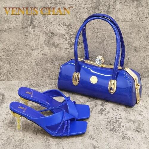 Elegant Style New Coming High Quality African Women Shoes Matching Bag Set in Blue Color Mature Style Slingbacks Sandals
