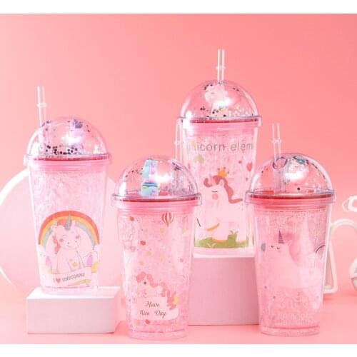Unicorn Water Bottle Straw Type With Lid 500ml Drinking Bottle Summer Student Cute Ice Cup Plastic Female Durable Cartoon Kettle