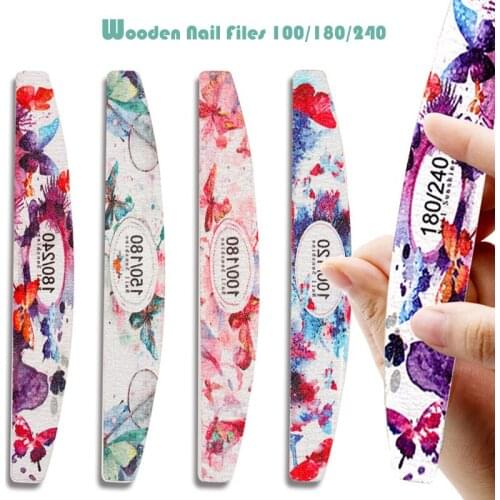 Wooden Nail Files 100/180/240 10pcs/Lot Butterfly Printed Wood Nail Buffer Block Boat Gel Polishing Sanding Manicure Nail Files