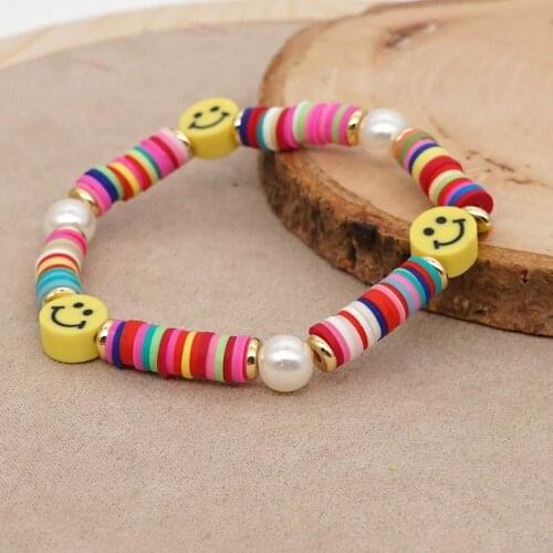 Go2Boho Heishi Bracelet For Women Smile Face Charm Pulsera Polymer Clay Beaded Pearl Bracelets Trendy Summer Beach Party Jewelry