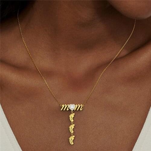PERSONALIZED Mothers Day Gift Mom Necklace with 1 to 4 Baby Feet Engraved Name Stainless Steel Jewelry Footprints (KL-38M)