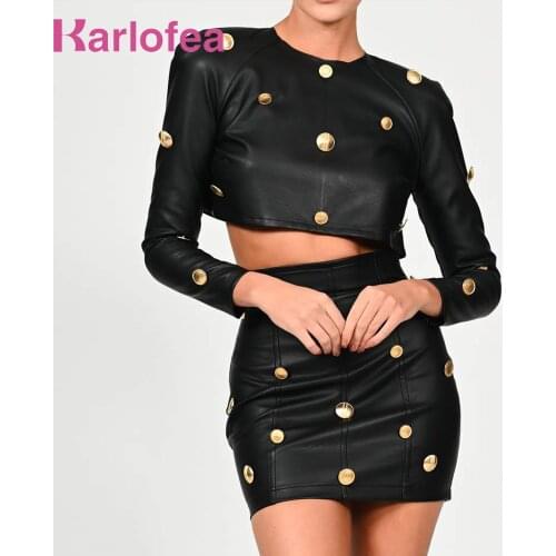 Karlofea New Fall Winter 2 Piece Skirt Sets Elegant Long Sleeve Crop Tops Mini Skirts Faux PU Leather Women Matching Suit Clothe