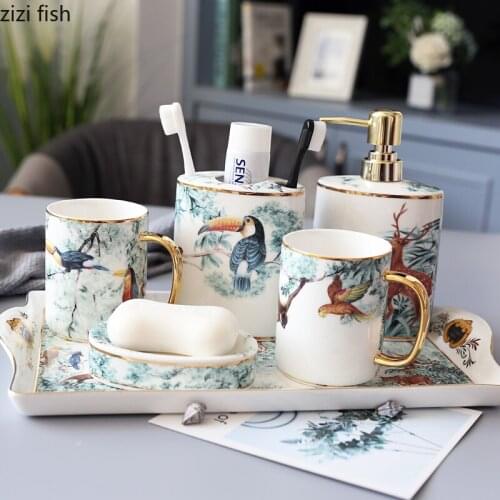 Ceramic Bathroom Set of Five Wash Sets Bathroom Home Bathroom Wash Mug Set with Tray Bathroom Set Ceramic Tooth Brush Holder